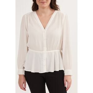 Doe & Rae White Peplum Blouse Large Sheer Chiffon V Neck Button Front Top